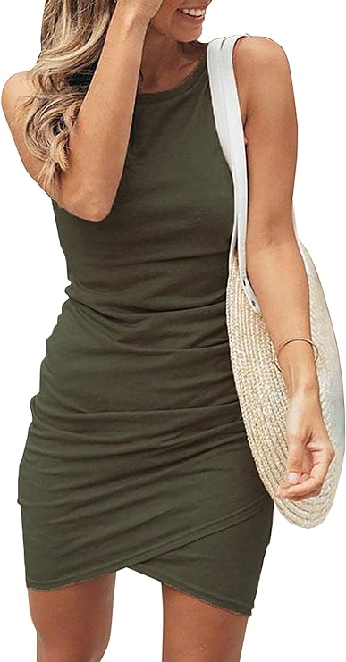 Photo 1 of BTFBM Women 2023 Summer Sleeveless Tank Dresses Crew Neck Slim Fit Short Casual Ruched Bodycon Party Club Mini Dress
 SZ M 