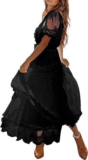 Photo 1 of Happy Sailed Womens V Neck Button Down Floral Lace Maxi Dress Short Sleeve Boho Flowy Dresses MEDIUM 
