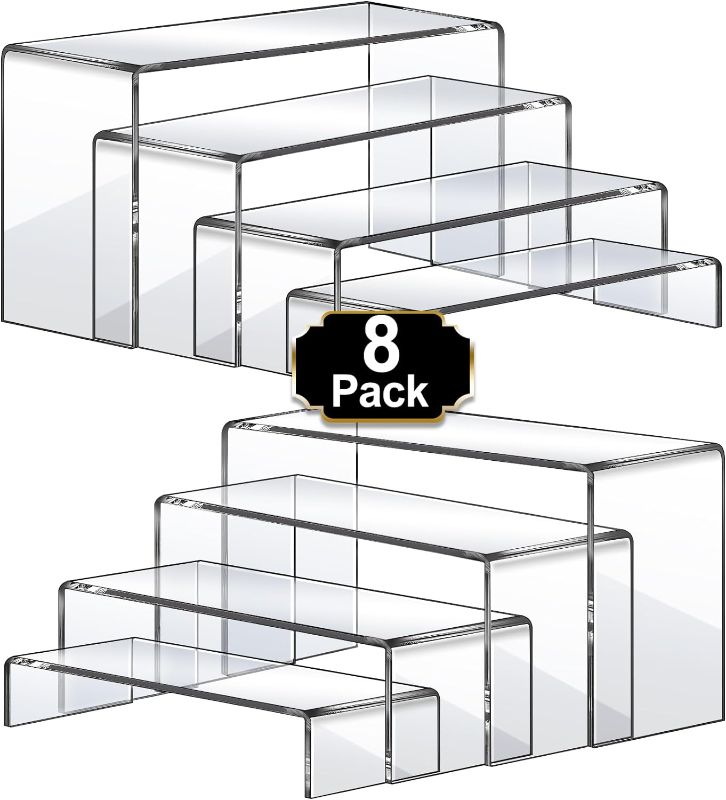 Photo 1 of Aheroi Large Acrylic Risers, 8 Pcs 2 Set Acrylic Display Set Rectangular Stands Shelf Clear Display Risers for Decor, Cake and Funko Pop Shelves Retail Shoe Showcase(1-3-4-5IN)
