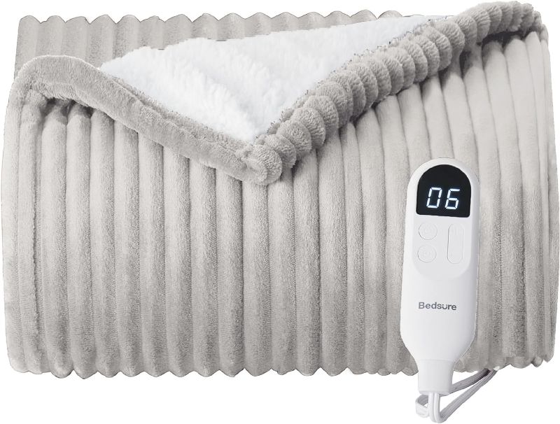 Photo 1 of Bedsure Electric Blanket Heated Throw - Soft Ribbed Flannel Heated Blanket, Fast Heating Electric Throw with 6 Heating Levels & 4 Time Settings, 3 Hours Auto-Off (50x60 inches, Light Grey)
