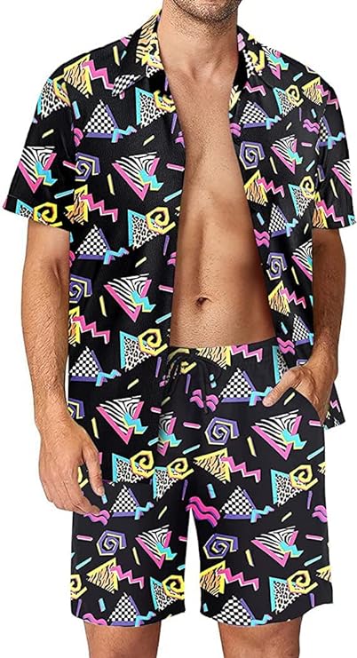 Photo 1 of 2xl Arssm Mens 80s 2 Pieces Outfits Vintage Shirts and Shorts Set Disco Beach Outfit Retro Active Tracksuits for 80s 90s Party
