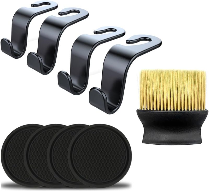 Photo 1 of 9Pcs/Set: 4Pcs Car Cup Holder Coaster, 4Pcs Car Seat Back Hook, 1Pc Interior Dust Cleaning Brush Compatible with Benz BMW Jeep Ford Chevrolet Dodge Audi Toyota Honda Nissan Lexus VW