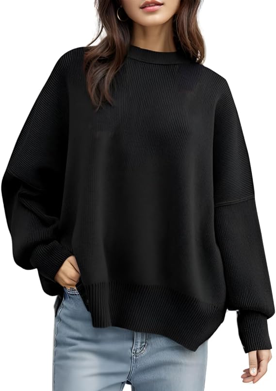 Photo 1 of LARGE Fall Sweaters for Women 2023 Trendy Chunky Knit Sweater Side Slit Pullover Casual Batwing Sleeve Ribbed Jumper Tops
