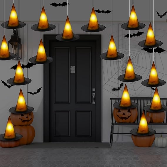 Photo 1 of 61 Pcs Halloween Hanging Witch Hats Decorations Include 24 Halloween Black Light Up Floating Witches Hats with LED Tea Candles Bulk 12 3D Bats Wall Stickers and Fishing Line for DIY Costume Cosplay
