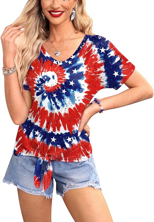 Photo 1 of For G and PL Women's 4th of July American Flag Short Sleeve Tie Front Shirt M 
