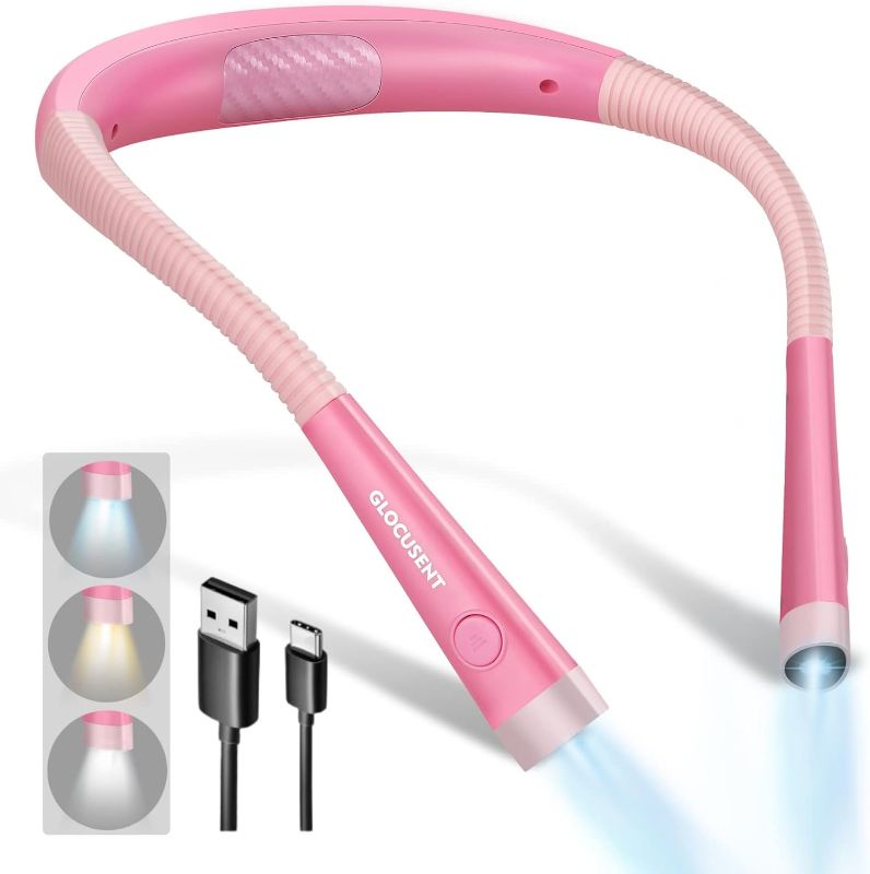 Photo 1 of Glocusent LED Neck Reading Light, Book Light for Reading in Bed, 3 Colors, 6 Brightness Levels, Bendable Arms, Rechargeable, Long Lasting, Perfect for Reading, Knitting, Camping, Repairing
