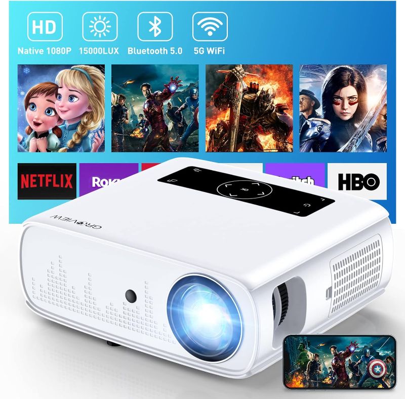 Photo 1 of GROVIEW Projector, 15000lux 490ANSI Native 1080P WiFi Bluetooth Projector, 300'' Video Projector, Supports 4K & Zoom, 5G Sync, Compatible with HDMI USB/ AV/ Smartphone/ Pad/ Laptop/ DVD/ TV Stick/ PS5
