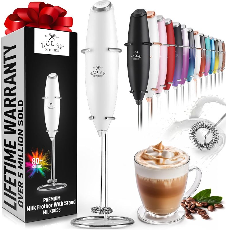 Photo 1 of Zulay Powerful Milk Frother Handheld Foam Maker for Lattes - Whisk Drink Mixer for Coffee, Mini Foamer for Cappuccino, Frappe, Matcha, Hot Chocolate by Milk Boss (Blizzard White)
