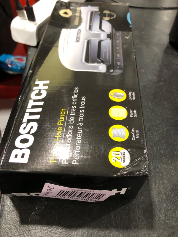 Photo 1 of Bostitch Office EZ Squeeze 3-Hole Punch, 20 Sheet Capacity, Reduced Effort, No Jam Technology , Silver