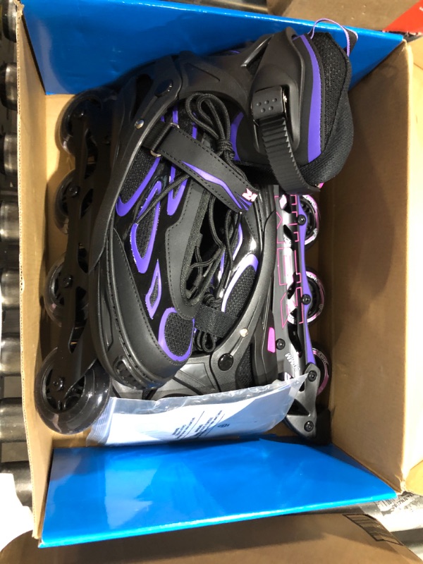 Photo 2 of 2PM SPORTS Vinal Girls Adjustable Flashing Inline Skates, All Wheels Light Up, Fun Illuminating Skates for Kids and Men- Azure Small (1Y-4Y US) Violet & Magenta X-Large - Adult (8W-12W/7M-11M)