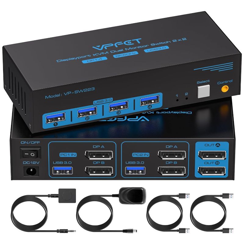 Photo 1 of DisplayPort KVM Switch Dual Monitor 8K DP for 2 Computers Share 2 Monitors PC Extended Display Support 8K@60Hz 4K@144Hz and 4 USB3.0 Devices with Desktop Controller and 2 USB Cables
