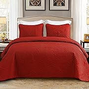 Photo 1 of  3-Piece King Size QUEEN Set, Soft Ultrasonic Embossed Bedding Set, Lightweight Bedspread Coverlet with Boho Damask Pattern, Reversible Bed Cover for All Seasons, Damask Red