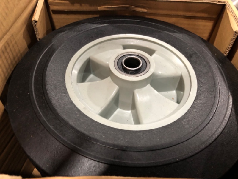 Photo 2 of GICOOL 10" x 2.5" Flat-Free Solid Rubber Tire and Wheel 5/8" Axle Bore Hole, 2 1/4" Offset Hub, Replacement 4.10/3.50-4" for Hand Truck Dolly Trolley Garden Wagon Cart Generator, 2 Pack 10" , Bore Dia.5/8" Plastic Rims