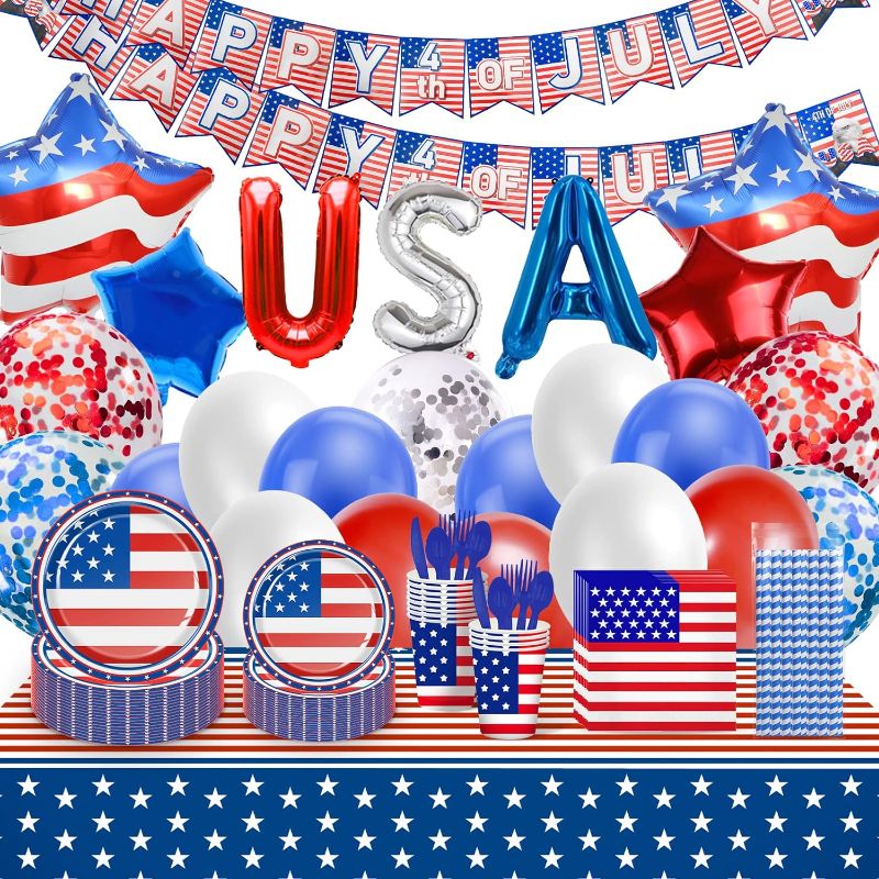 Photo 1 of 4th of July Party Supplies Pack, Patriotic Decorations Includes Tablecloths Paper Plates Napkins Cups Flatware Straw Banner Balloons Set for Independence Memorial Veterans Day Decorations(Serves 24)
