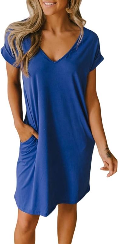 Photo 1 of 2xl BTFBM Women V-Neck Short Sleeve Summer Dresses 2023 Spring Casual Loose T-Shirt Tunic Short Dress Pajamas with Pockets
