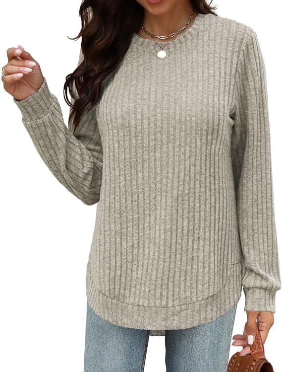 Photo 1 of Beimuc Womens Tunic Tops Lightweight Crewneck Sweaters Loose Fit Long Sleeve Shirts High Low Curved Hem
