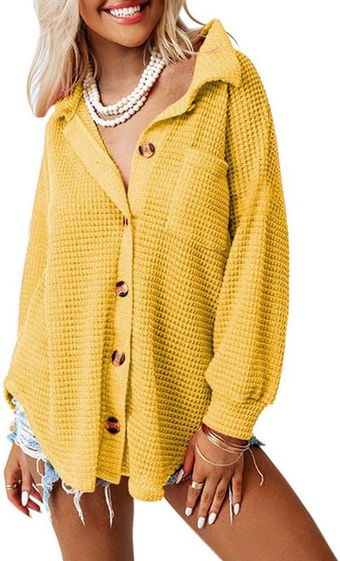 Photo 1 of 2xl SHEWIN Womens Waffle Knit Button Down Shirts Casual Long Sleeve Shacket Jacket Boyfriend Tops Blouses Loose Fit
