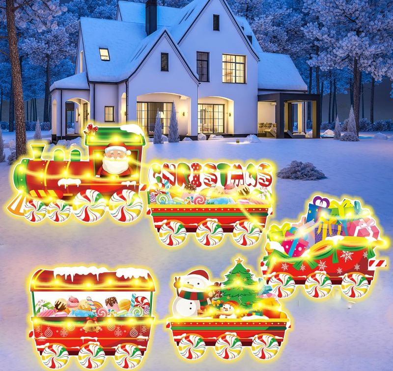 Photo 1 of 5PCS Christmas Outdoor Decorations Christmas Train Yard Sign with LED Lights, Santa Snowman Candy Santa Gift Tree with 10 Yard Stakes for Christmas Patio Decor (Christmas Train) (Christmas) (5 pack )
