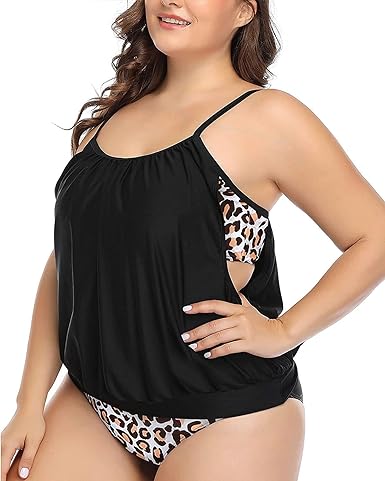 Photo 1 of Daci Women Plus Size Tankini Swimsuit Two Piece Tummy Control Bathing Suit Loose Fit Blouson Tankini Top with Bottom 22W