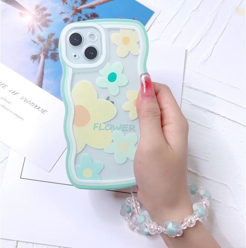 Photo 1 of ZONRW for iPhone 13 Case,for Girl Women Cute Kawaii Flower Design Pattern Curly Wave Clear Phone Cover,with Beaded Bracelet Chain Soft TPU Shockproof Protective for iPhone 13-Green 