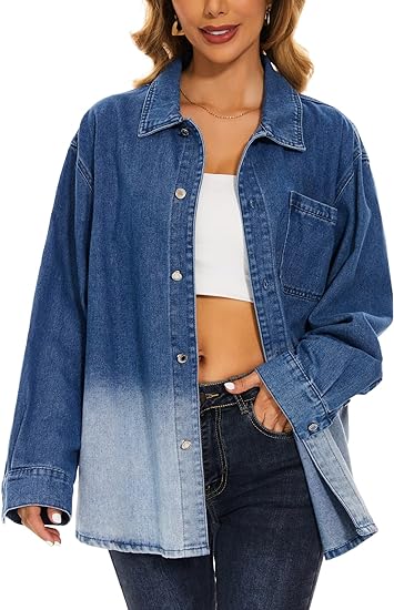 Photo 1 of 2XL XUWNEI Womens Denim Button Down Jackets Long Sleeve Plaid Shirts Shacket Jacket Boyfriend Distresse Jean Coats