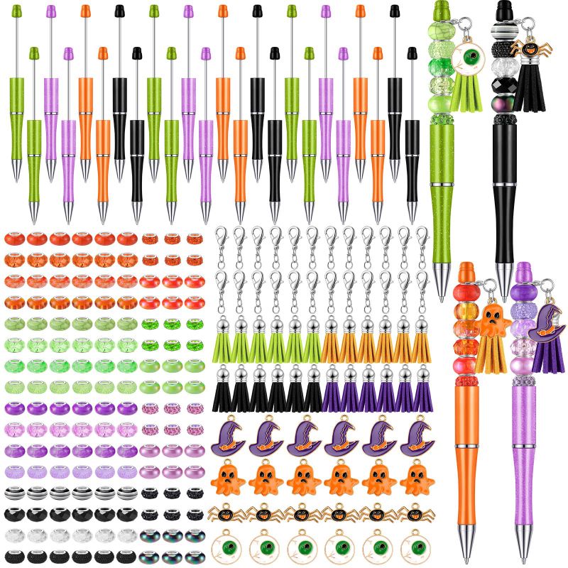 Photo 1 of Seajan 24 Pcs Halloween Beadable Pens Bulk Plastic Bead Pens DIY Ballpoint Pensmaking Kit with Halloween Charms Pendants Tassels Clasps 144 Colorful Beads for Office School Students DIY Supplies