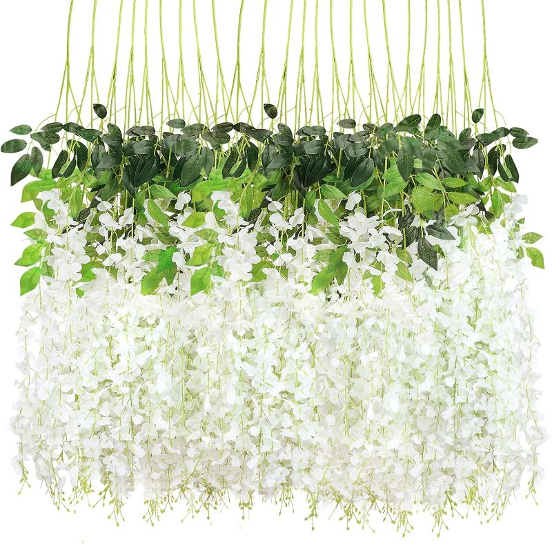 Photo 1 of 24pcs Wisteria Hanging Flowers 3.6ft Artificial Vines Fake Garland Silk Flower String for Wedding Party Garden Outdoor Greenery Home Wall Decoration (White)