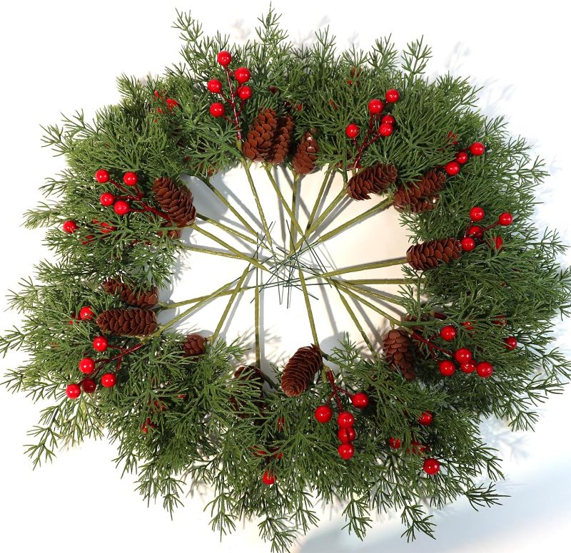 Photo 1 of 20pcs Red Berry Pinecones Pine Needles Stems Artificial Winter Christmas Berries Picks Decor for Christmas Party Flower Wreaths and Holiday Decorations