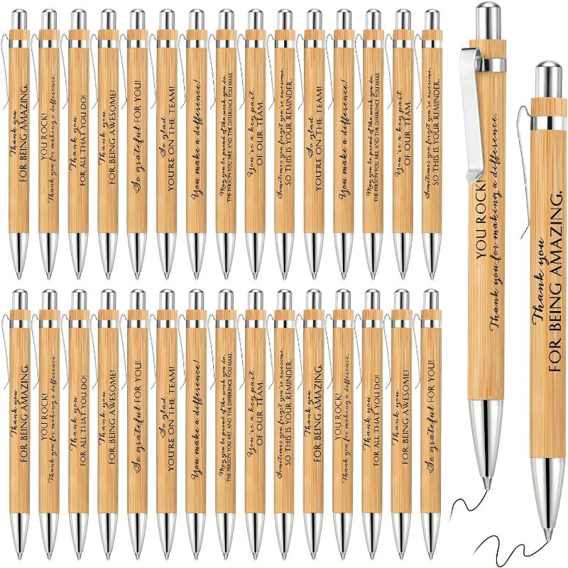 Photo 1 of 30 Pcs Inspirational Bamboo Pen Thank You Wood Bamboo Pen Employee Appreciation Motivational Quote Ballpoint Pen for Women Men Office Teacher Volunteer Coworker School Supplies Black Ink, 10 Styles