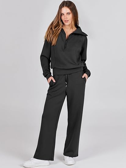 Photo 1 of ANRABESS Women 2 Piece Outfits Sweatsuit Set 2023 Fall Oversized Half Zip Sweatshirt Wide Leg Sweatpant Lounge Set Tracksuit LARGE