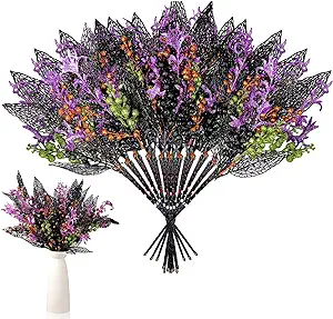 Photo 1 of Lyrow 16 Pcs Halloween Branches Picks Stems Halloween Glitter Artificial Twig Bush with Berries Fake Black Flowers Decorations Faux Floral Picks for Vases Halloween Table Mantle Decor