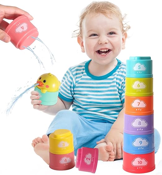 Photo 1 of Baby Toys Bath Toy and Stacking Toys,2 in 1 Stacking Cups for Infant Montessori Sensory Set,Multicolor Baby Water Pool Toys for Boys and Girls to differentiate Sizes and Study Numbers