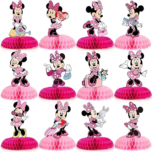 Photo 1 of 12Pcs Pink Cartoon Mouse Party Decorations, Girls Mouse Theme Honeycomb Centerpieces Table Toppers, 3D Double Side Cake Toppers, Cartoon Mouse Birthday Supplies for Kids