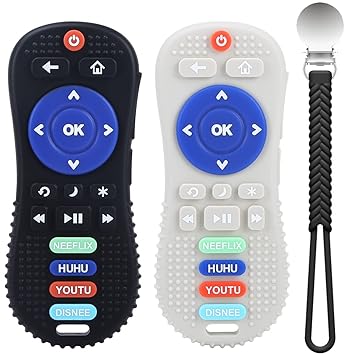 Photo 1 of AULEGE 2 Pack Silicone Teething Toys, TV Remote Control Shape Silicone Teether Toys, Infant Sensory Toy for Boys and Girls 3-6-12 Months, BPA Free, Black, White