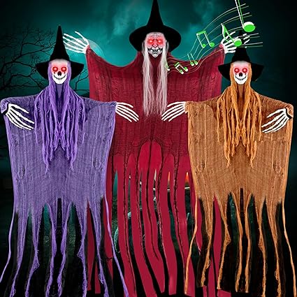 Photo 1 of 1pcs 62''+2pcs 48'' Halloween Hanging Decorations Halloween Witch with Creepy Voice and Glowing Eyes Grim Reaper with Glowing Eyes for Halloween Party Haunted House Prop Décor Halloween Outdoor Indoor