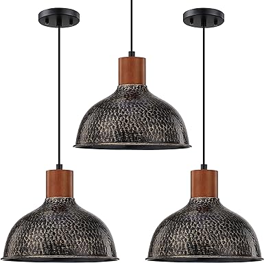 Photo 1 of 1 Light 10” Black Vintage Pendant Light Fixtures,Industrial Hammer Metal Hanging Light Rubber Wood Gold Finish Pendant Lamp Kitchen Island,Farmhouse Dining Room Over Sink (Black, 3 Pack)