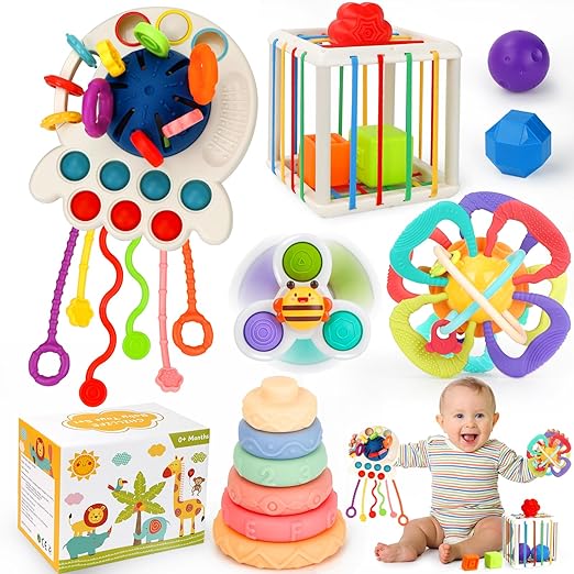 Photo 1 of Baby Toys 0-6 Months,5 in 1 Montessori Toys for Babies 6-12 Months,Pull String Infant Teething Toys,Stacking Rings,Color Shape Sensory,Suction Cup Spinner Toys for 0-3-6-9-12 to 18 M+ Birthday Gifts