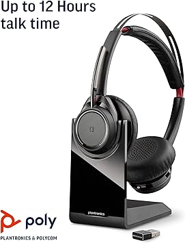 Photo 1 of Plantronics - Voyager Focus UC with Charge Stand (Poly) Bluetooth Dual-Ear (Stereo) Headset Boom Mic USB-A Compatible PC and Mac Active Noise Canceling Works Teams, Zoom & More