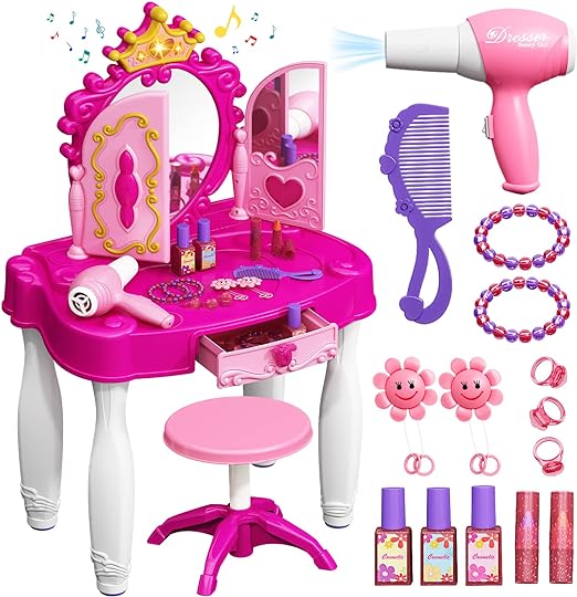 Photo 1 of Eohemeral Toddler Makeup Table with Mirror and Chair, Kids Makeup Vanity Set with Accessories and Lights and Music Sound for Girls, Toddlers 3-5 Years Old