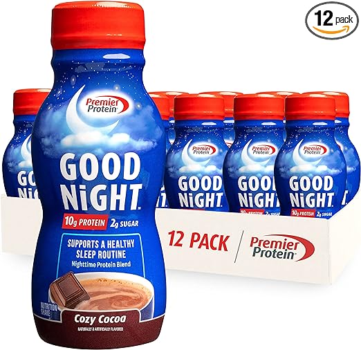 Photo 1 of exp 03-31-2024                 Premier Protein Good Night Protein Shake, Cozy Cocoa, 10g Protein, 2g Sugar, 12 Vitamins & Minerals, Nighttime Protein Blend, Magnesium, Zinc, 8.75 fl oz, 12 Pack