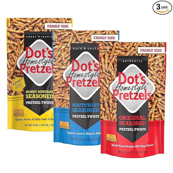 Photo 1 of 12-01-2023   Dot's Homestyle Pretzels 18 Ounce Family Size Variety Flavor Pack Seasoned Pretzel Twists (3 Pack)