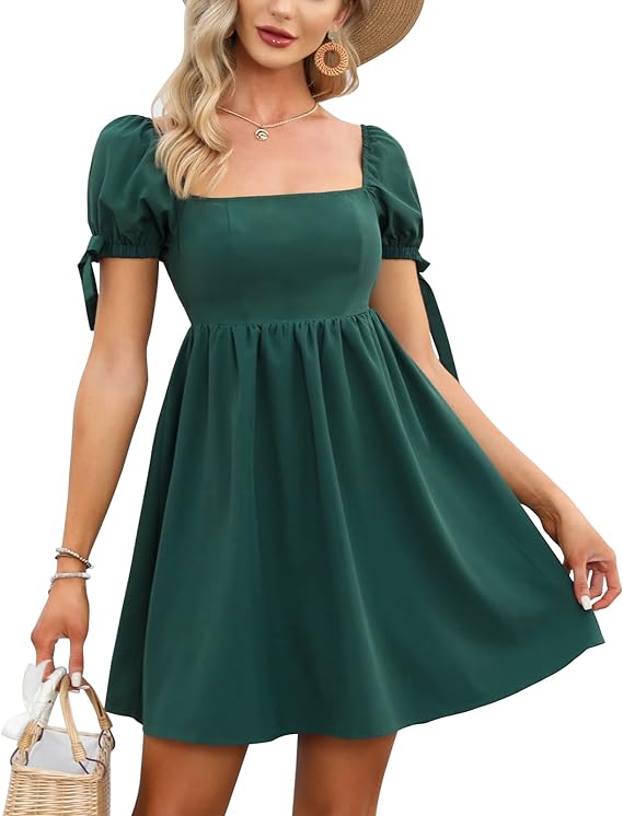 Photo 1 of    EXLURA Womens Casual Short Sleeve Square Neck Cap Sleeve Dress High Waist A-Line Casual Smocked Back Mini Dresses