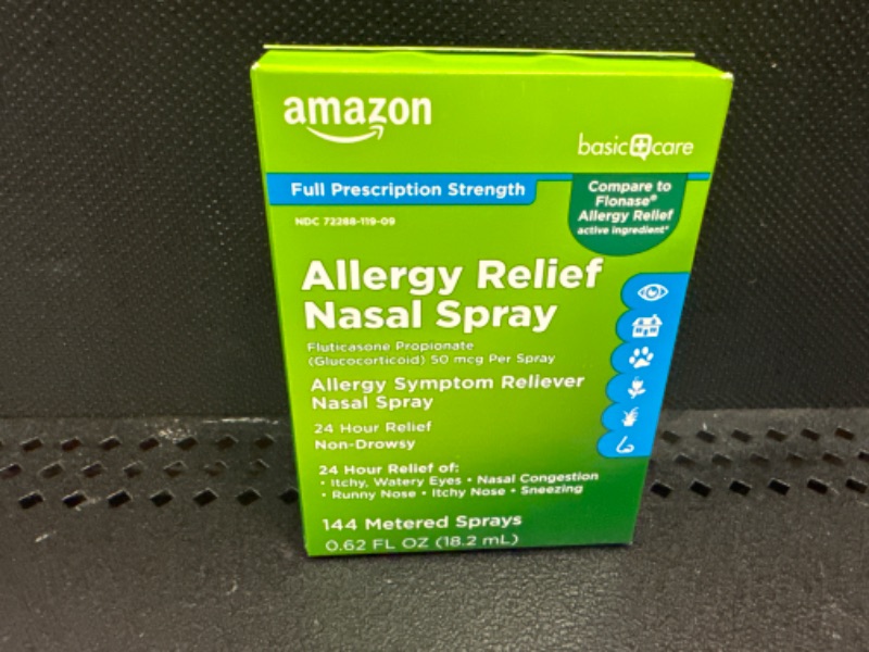 Photo 2 of Amazon Basic Care 24-Hour Allergy Relief Nasal Spray, Fluticasone Propionate (Glucocorticoid), 50 mcg, Full Prescription Strength, Non-Drowsy, 0.62 Fl Oz 0.62 Fl Oz (Pack of 1)    03-2024