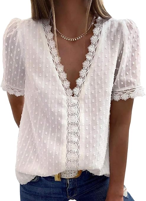 Photo 1 of Dokotoo Women's V Neck Lace Crochet Tunic Tops Flowy Casual Blouses Shirts
