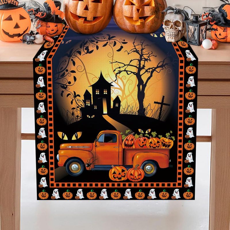 Photo 1 of Halloween Table Runner 72 Inch, Pumpkin Truck Burlap Halloween Table Decor, Halloween Dark Night Table Runner, Vintage Spooky Eyes Dark Castle Halloween Decor for Kitchen Indoor Outdoor Home Party
