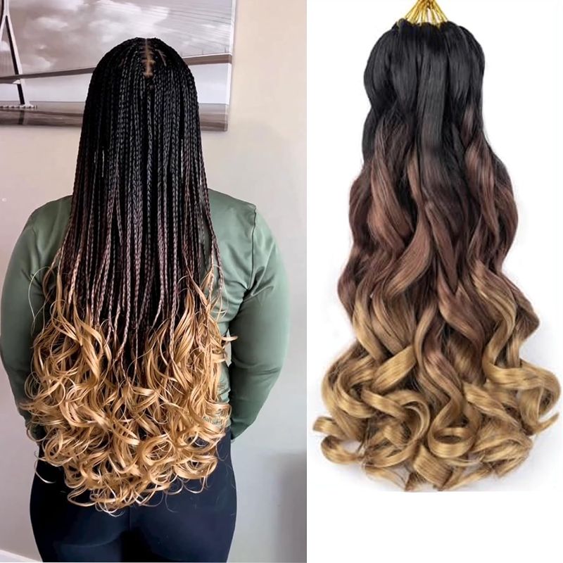 Photo 1 of 20 Inch 8 Packs French Curly Ombre Braiding Hair Bouncy French Curl Braiding Hair for Box Braids 100g/Pack Loose Wavy Crochet Braids with Curly Ends Hair Extensions for Black Women (20 Inch, 1B/30/27)
