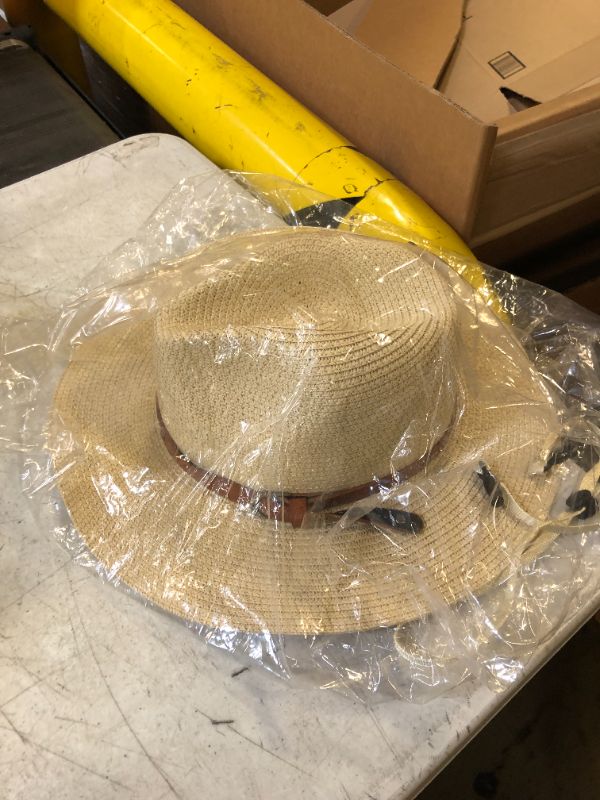 Photo 2 of Sireck Sun Straw Hat Wide Brim Men Women Beach Hat UPF Sun Protection Summer Fedora Hats with Chin Strap 7-7 1/4 Beige