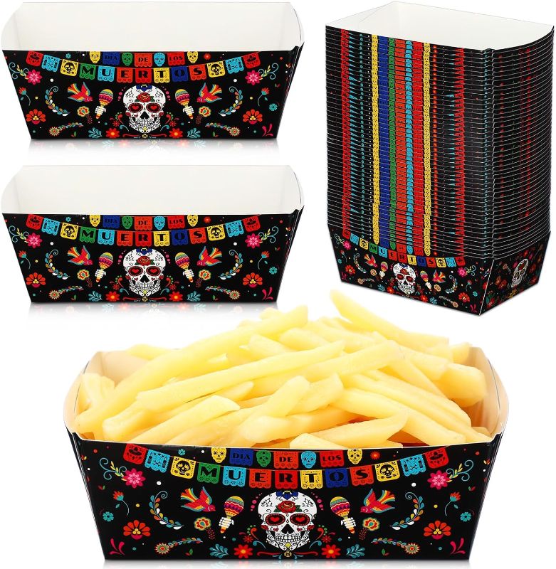 Photo 1 of 50 Pieces Fiesta Snack Trays Party Supplies Cinco De Mayo Nacho Paper Food Trays Mexican Theme Decorations Day of The Dead Popcorn Paperboard Holder for Mexican Festival Taco Theme Birthday (Skull)
