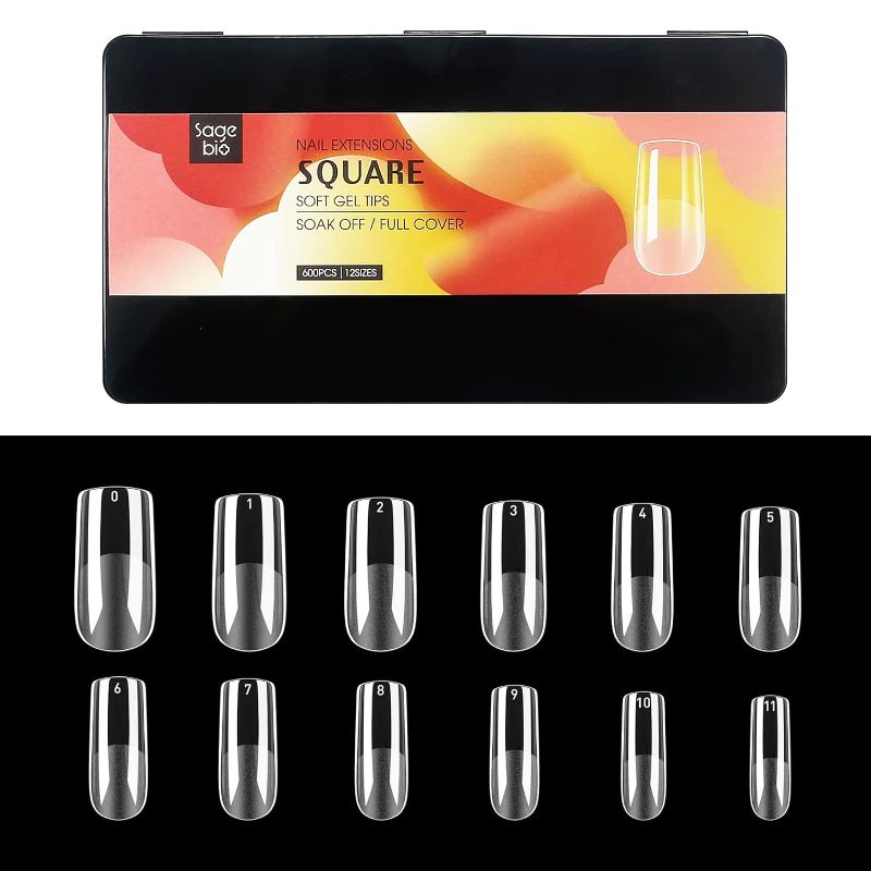 Photo 1 of SAGEBIO Acrylic Nail Tips 600PCS Square Pre-buff PMMA Fake Nails Press on Soft Gel False Nails for DIY with Box
