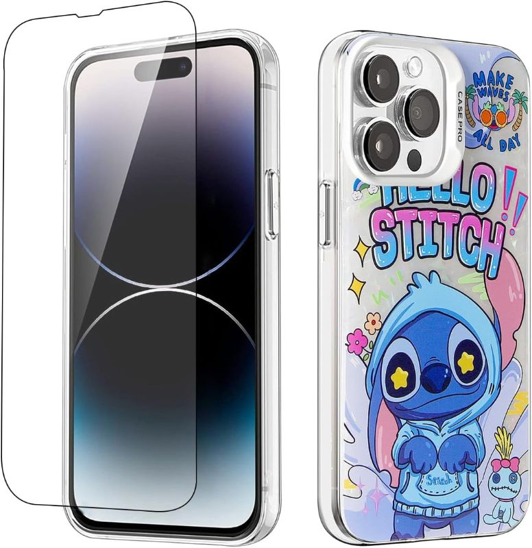 Photo 1 of Threesee for iPhone 15 Pro Max Cute Cartoon Case with Tempered Glass Screen Protector,Stitch Women Girls Boys Shell Pattern Character Soft TPU Shockproof Protective Phone Cover 6.7''
